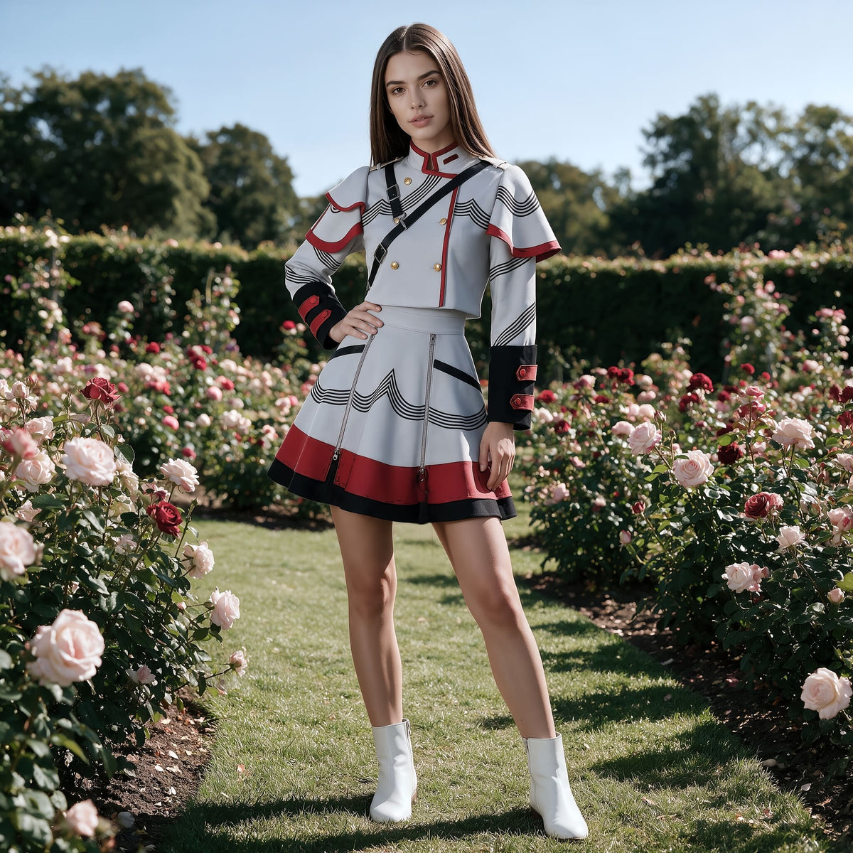 3-teiliges Anime Cosplay-Set "Kasane Teto" in Weiß/Rot/Schwarz