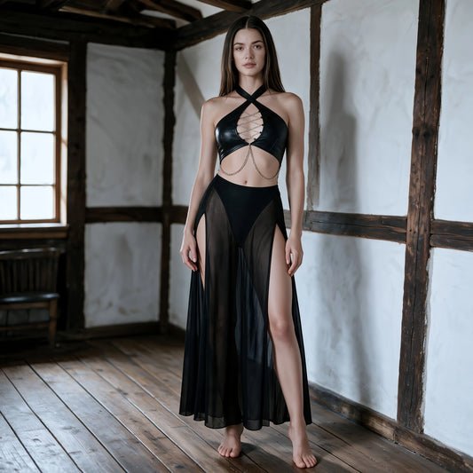 2-teiliges Kunstleder & Mesh-Set "Dark Siren" Schwarz, S-XXL