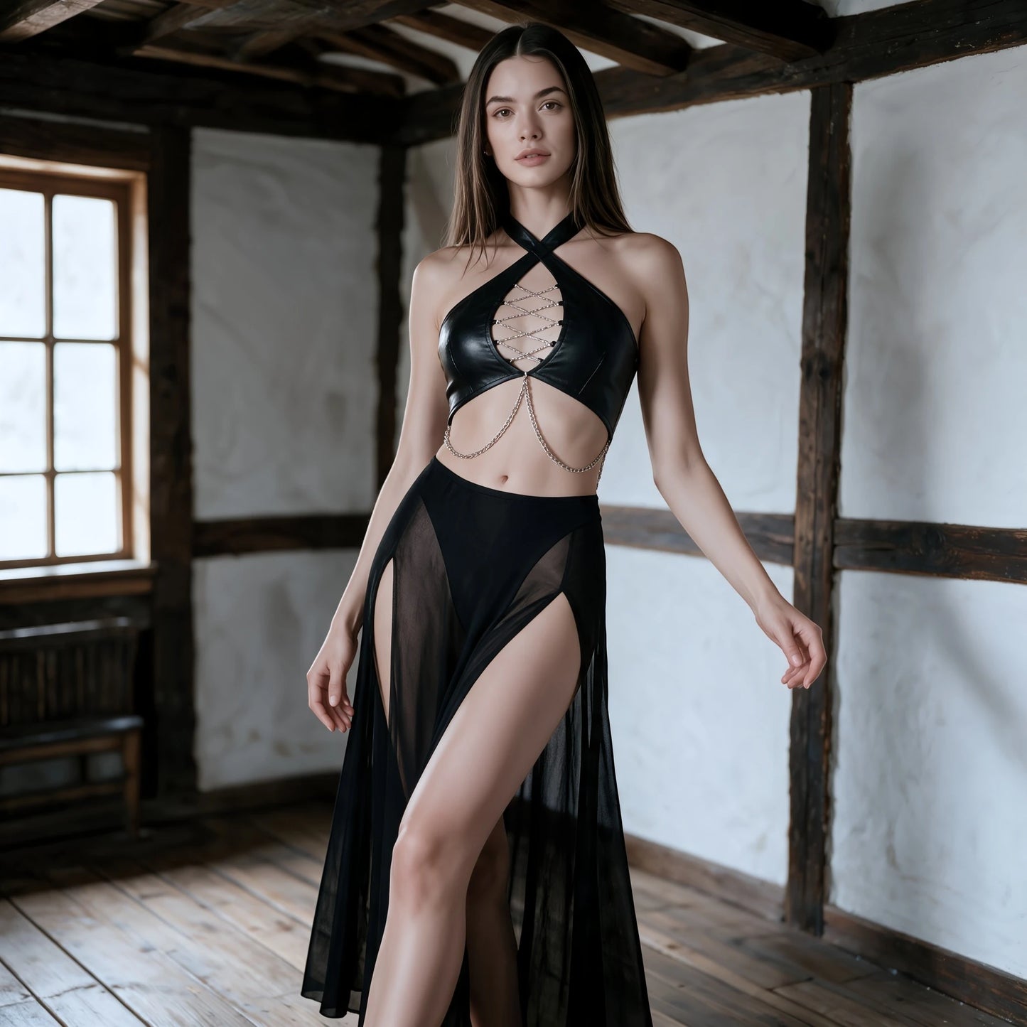 2-teiliges Kunstleder & Mesh-Set "Dark Siren" Schwarz, S-XXL